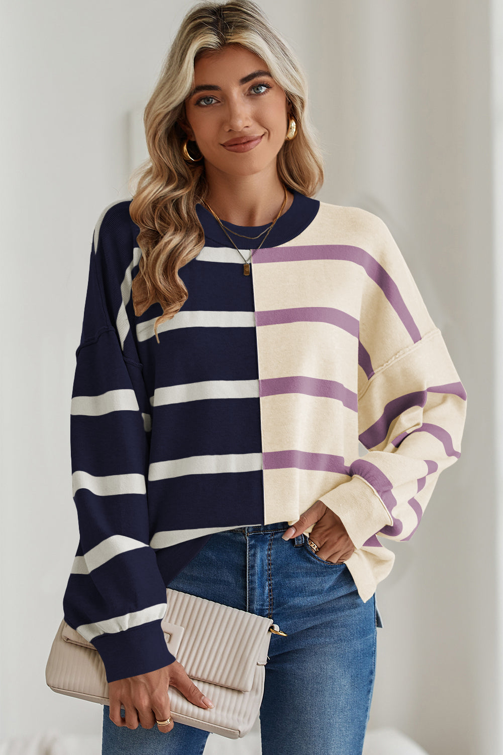 Pink Striped Colorblock Drop Shoulder Sweater