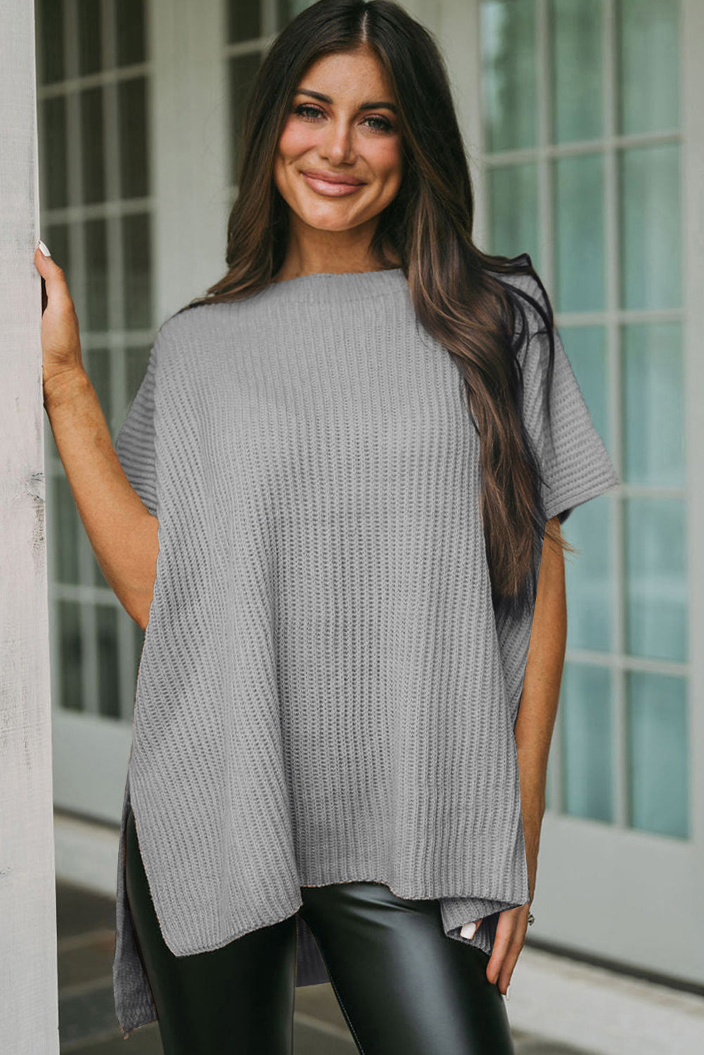 Gray Side Slit Short Dolman Sleeve Knitted Oversized Top