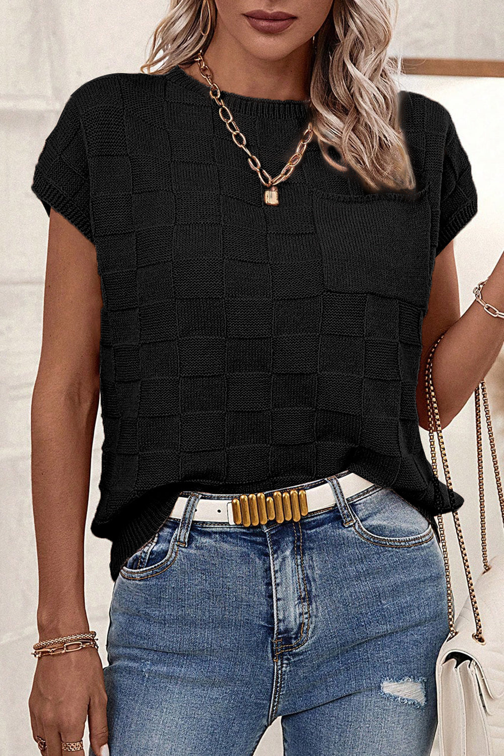 Gray Lattice Textured Knit Chest Pocket Loose Blouse