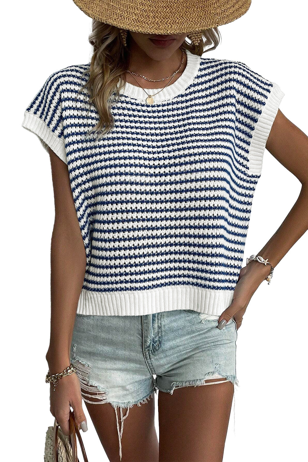 Blue Stripe Contrast Trim Knit Dolman Top