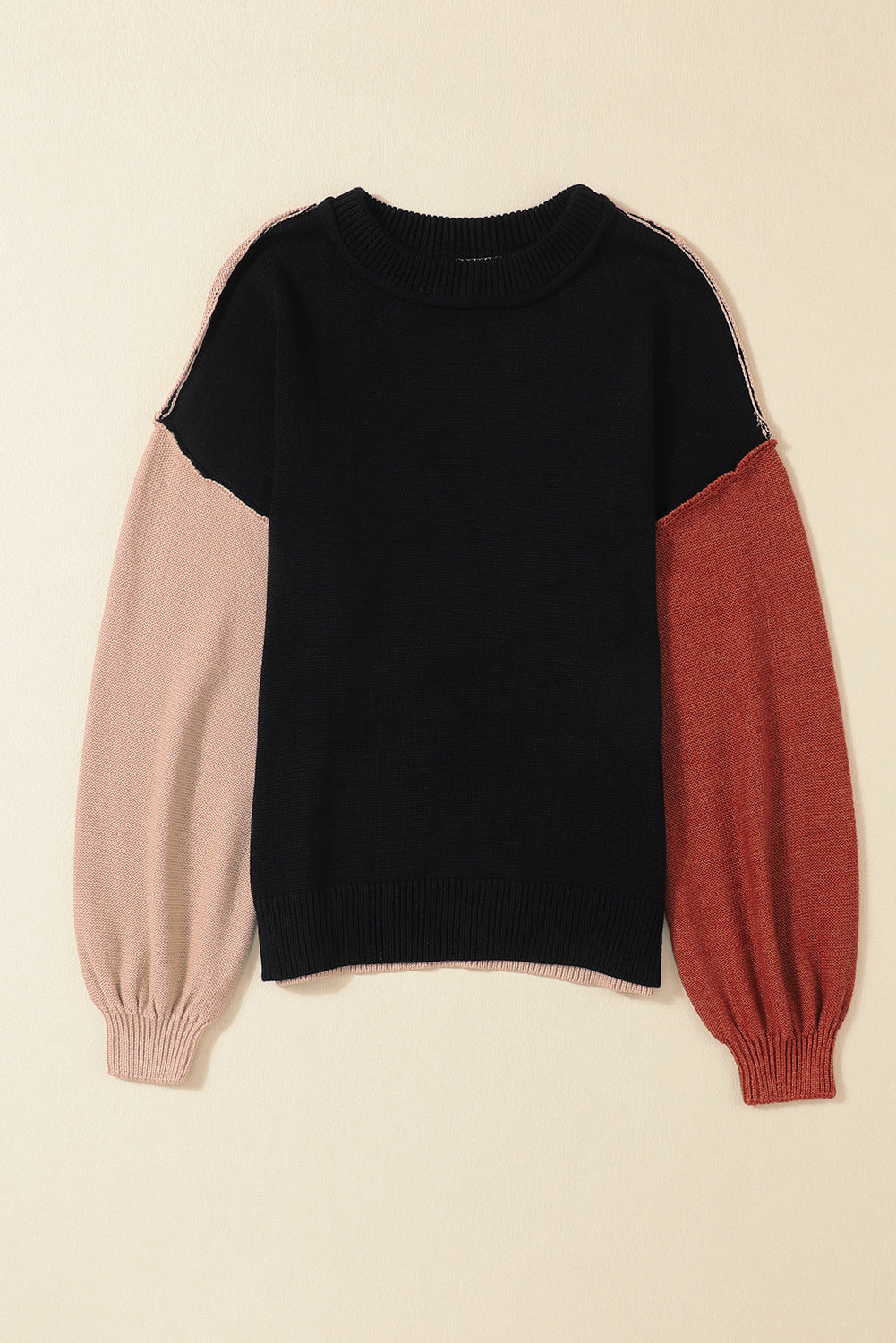 Black Colorblock Bishop Sleeve Exposed Seam Ribbed Trim Sweater