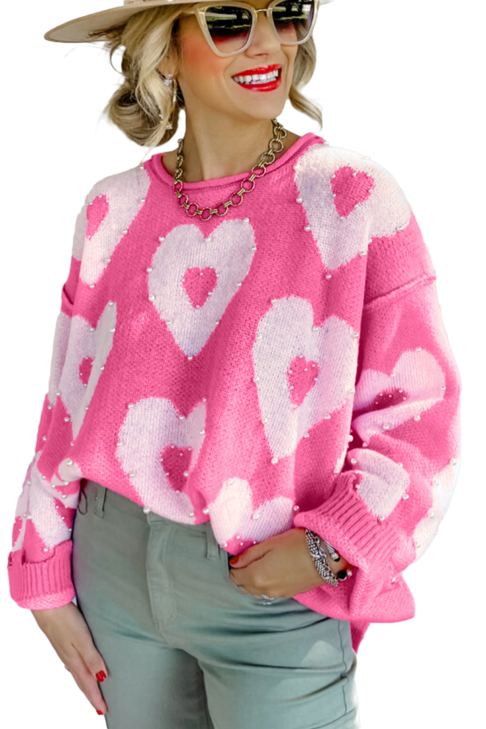 Bonbon Pearl Beaded Heart Drop Shoulder Sweater