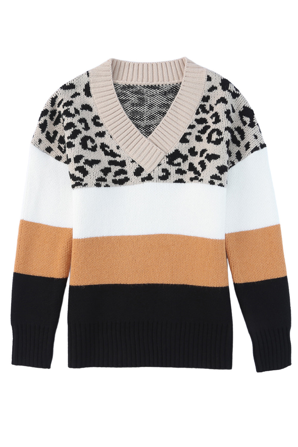 Khaki Leopard Color Block Casual V Neck Sweater