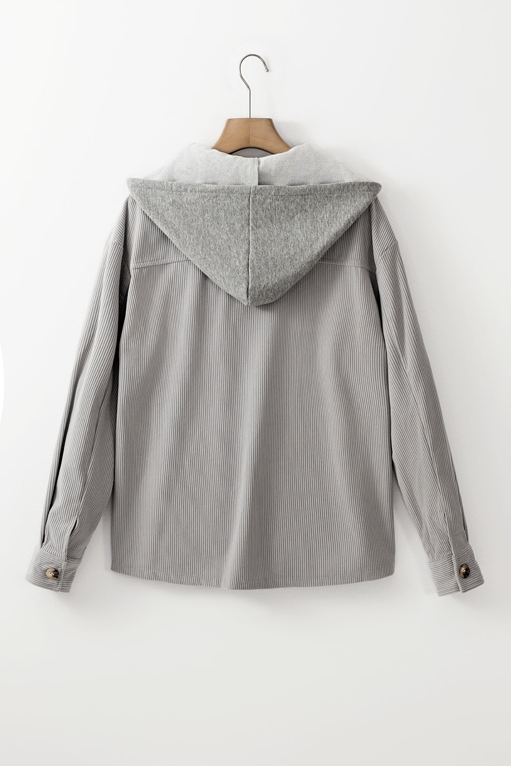 Light Grey Pockets Drawstring Hooded Corduroy Shacket