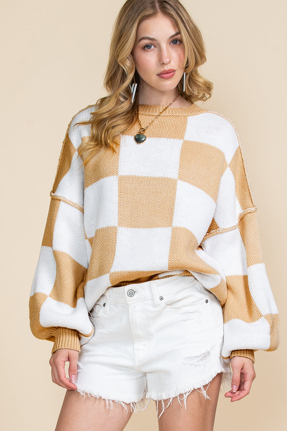 Orange & White Plaid Exposed Seam Bishop Sleeve Sweater