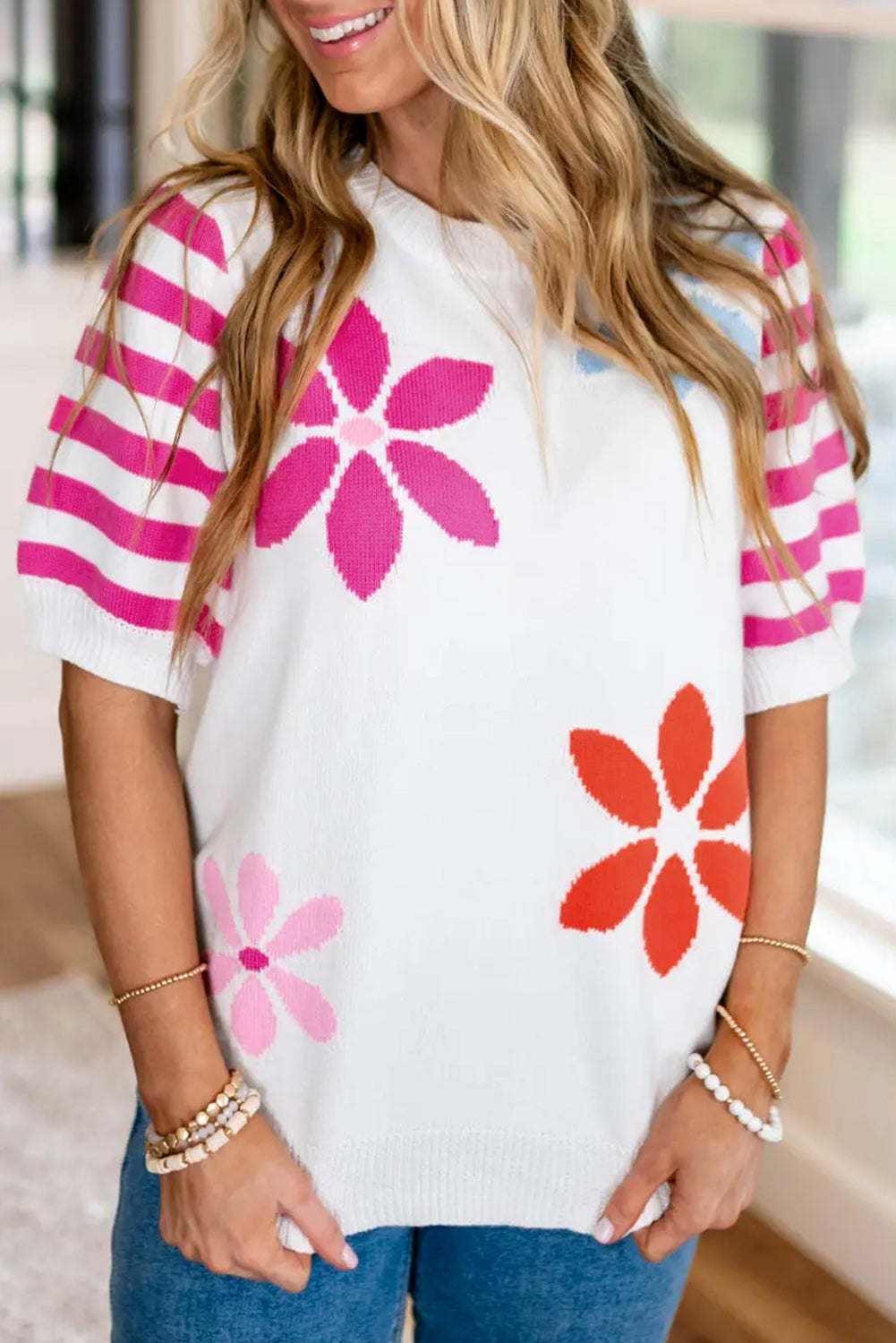 White Colorful Floral Print Striped Sleeve Knitted Tee