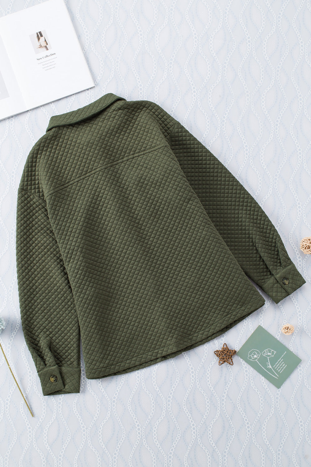 Green Lattice Texture Pockets Button Up Quilted Shacket