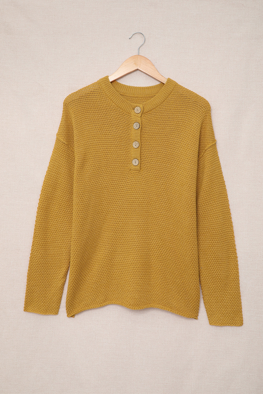 Yellow Drop Shoulder Henley Pullover Sweater With Slits