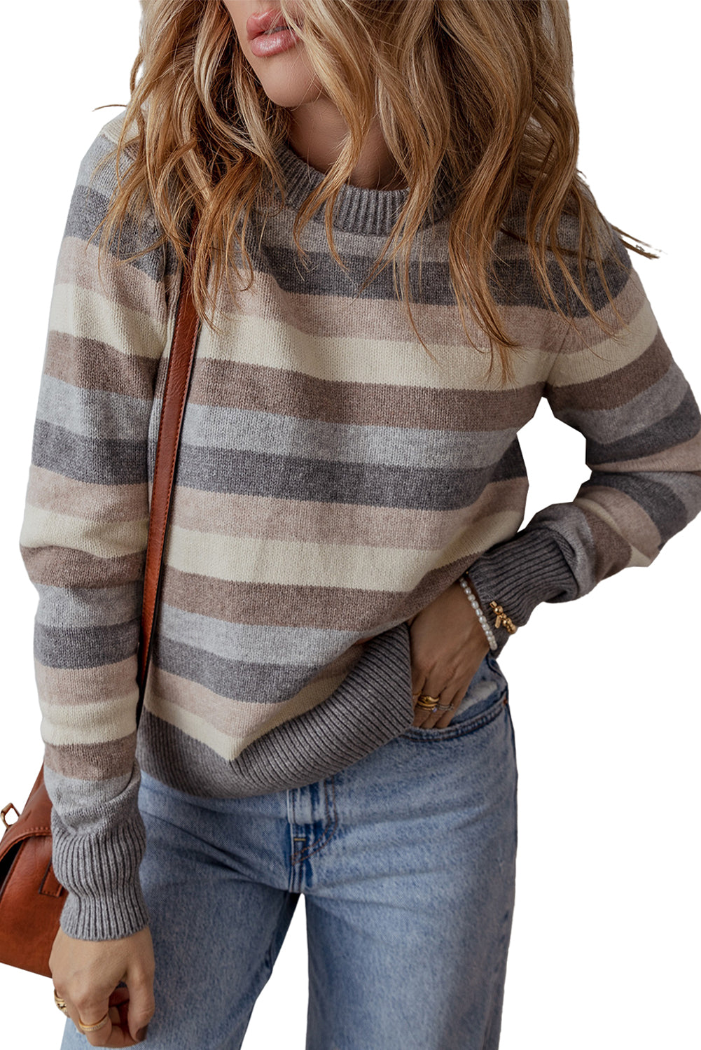 Gray Striped Ribbed Edge Round Neck