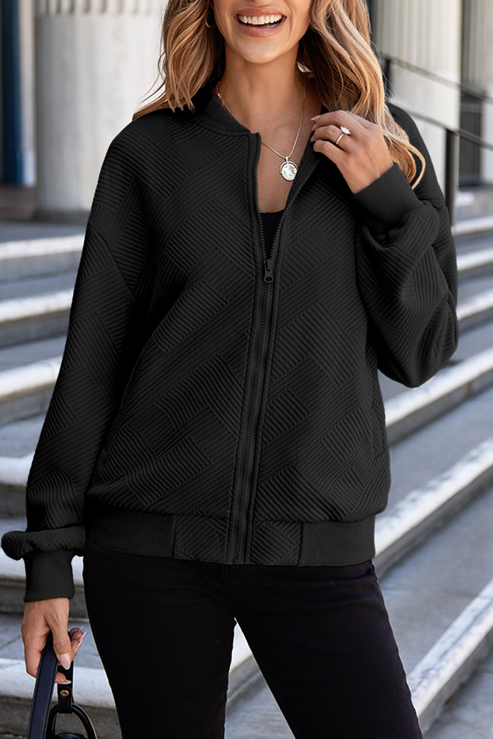 Black Plain Textured Stand Neck Zipper Bomber Jacket