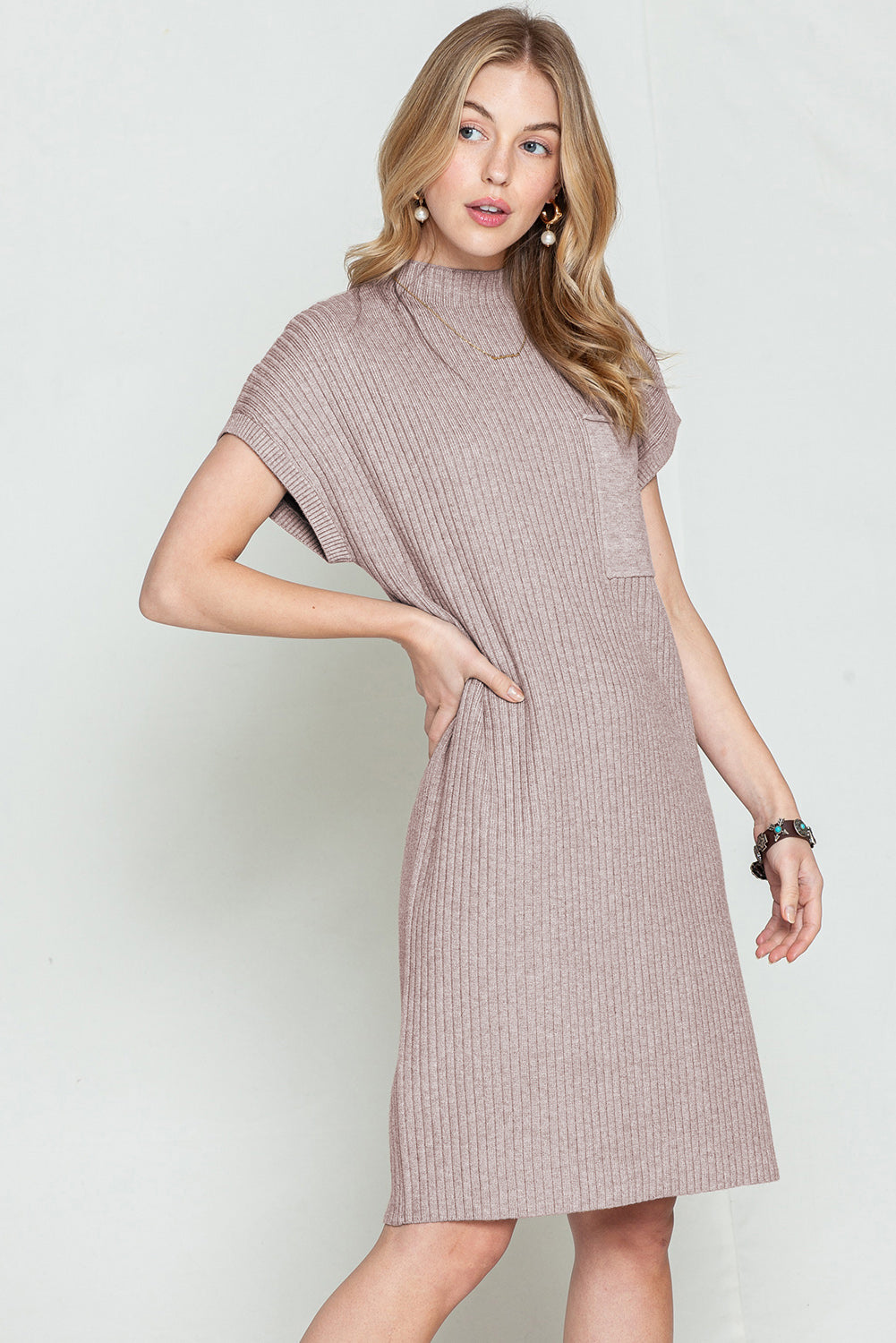 Taupe Patch Pocket Ribbed Knit Short Sleeve Sweater Dress