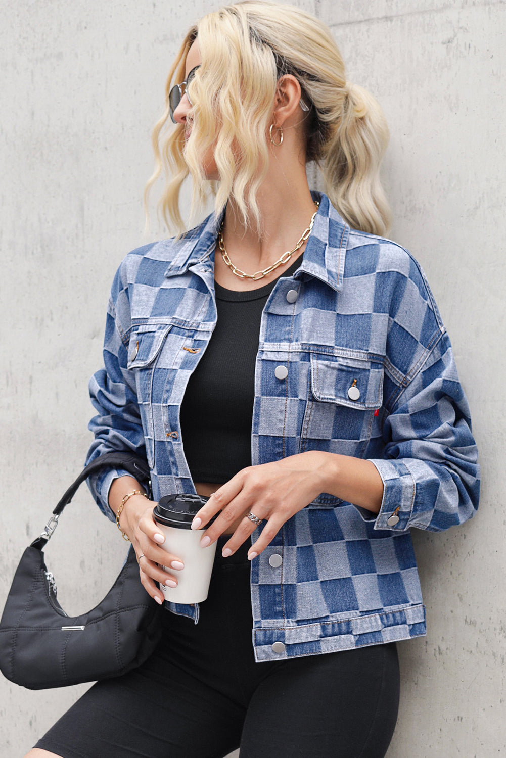 Black Checkered Patchwork Button Up Denim Jacket