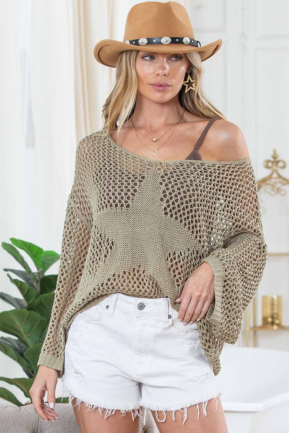 Khaki Star Pattern Drop Sleeve Hollow Out Sweater