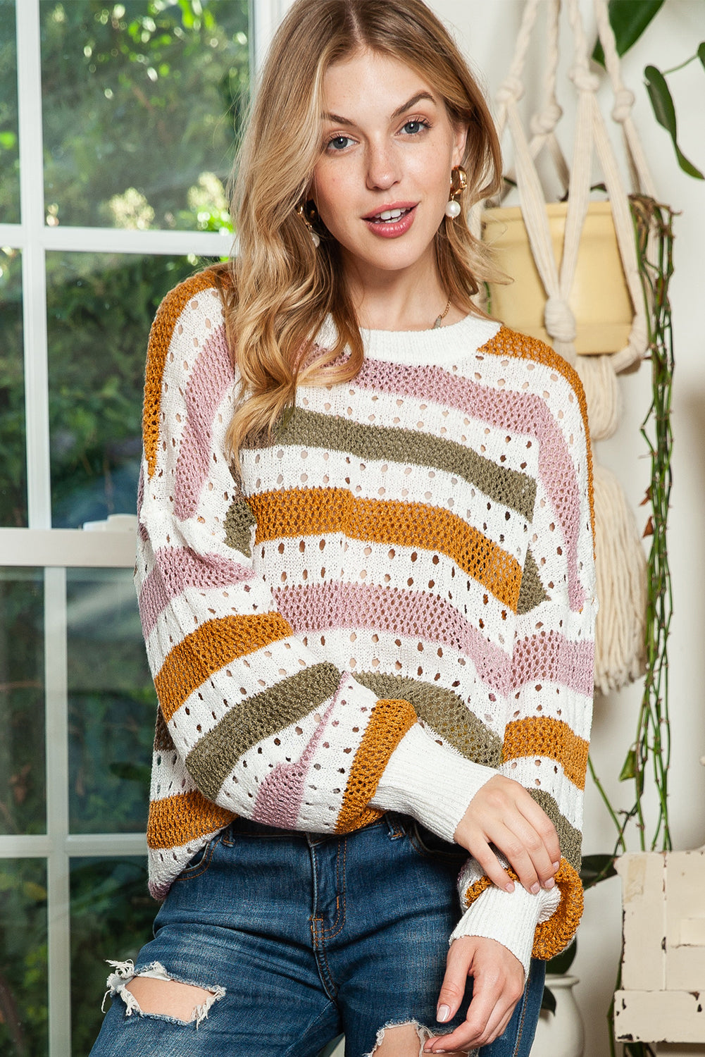 Multicolor Striped Hollowed Knitted Loose Sweater