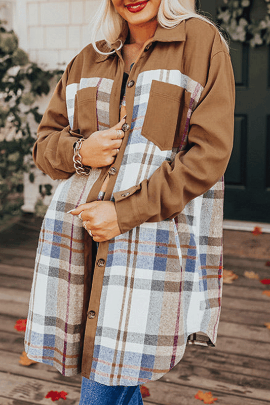 Khaki Plaid Patchwork Long Sleeve Jacket