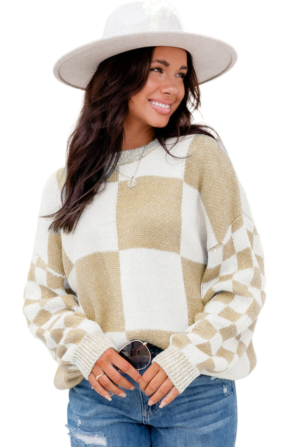 Flaxen Plaid Knitted Drop Shoulder Sweater