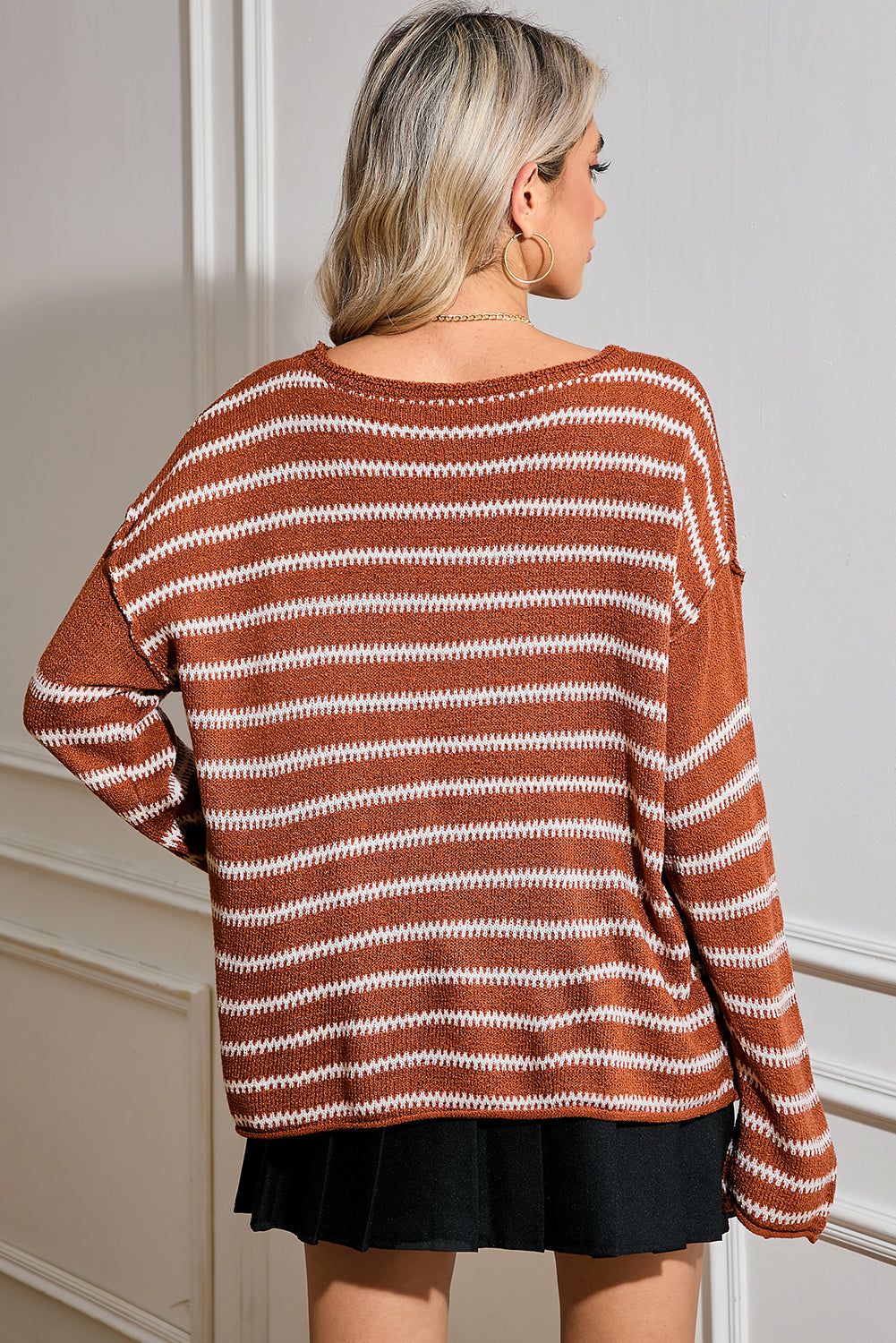 Sky Blue Casual Stripe Round Neck Drop Shoulder Sweater