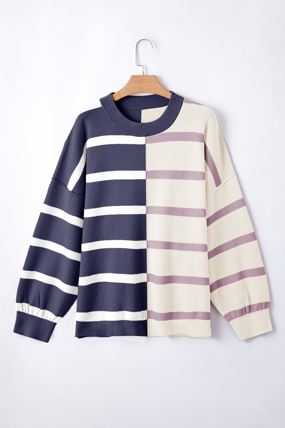 Pink Striped Colorblock Drop Shoulder Sweater