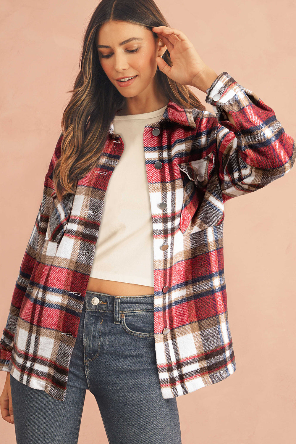 Brown Plaid Button Up Long Sleeve Flannel Shacket