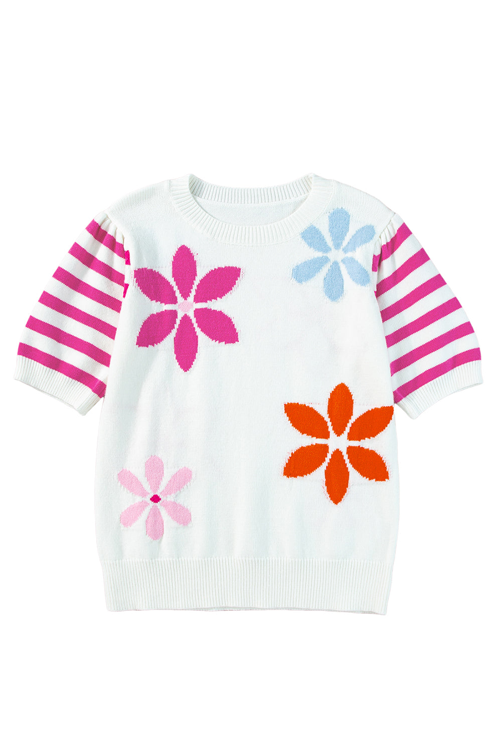 White Colorful Floral Print Striped Sleeve Knitted Tee