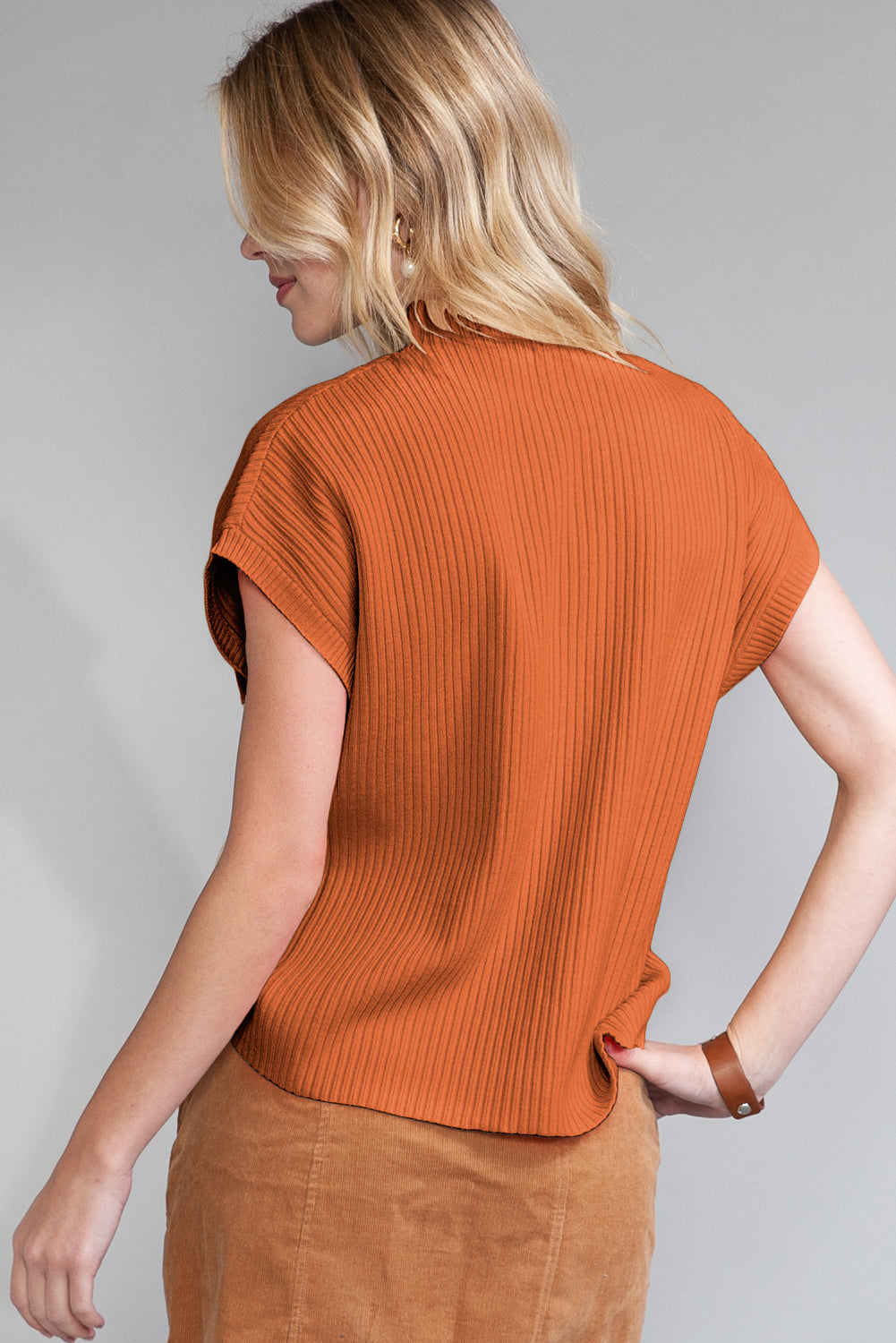 Gold Flame Patch Pocket Ribbed Knit Short Sleeve Sweater