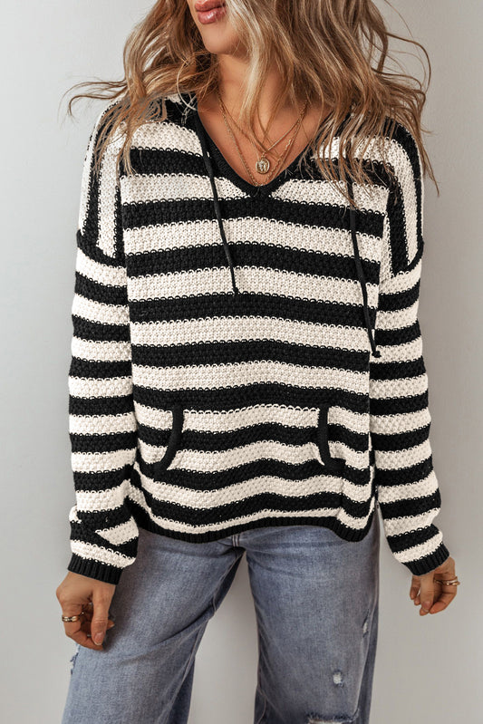 White Striped Kangaroo Pocket Hooded Sweater