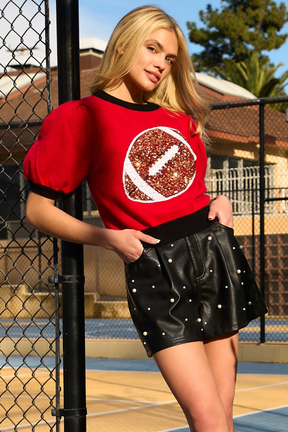 Red Sequin Rugby Color Block Puff Sleeve Knit Top