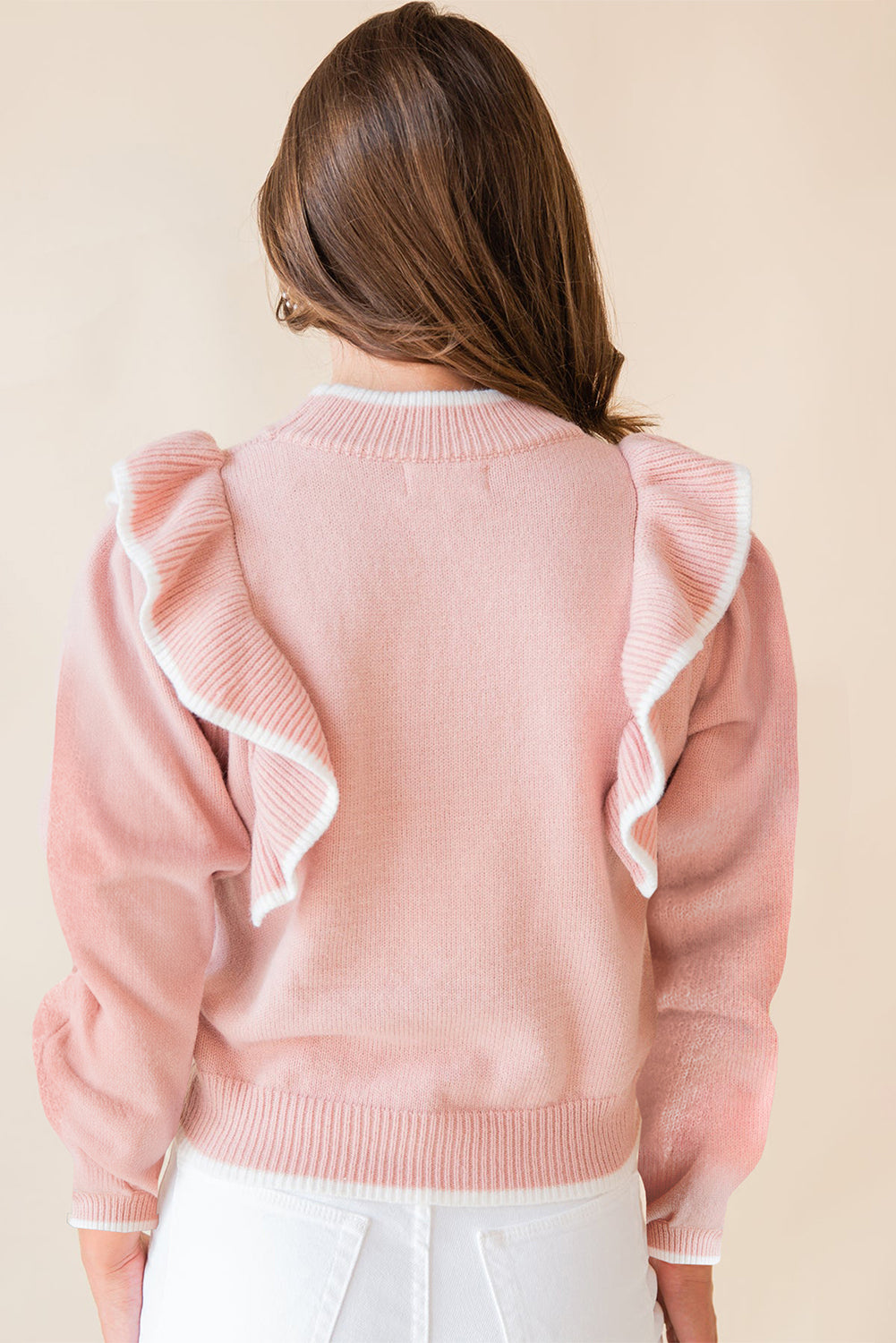 Light Pink Bow Detail Contrast Trim Ruffle Sweater