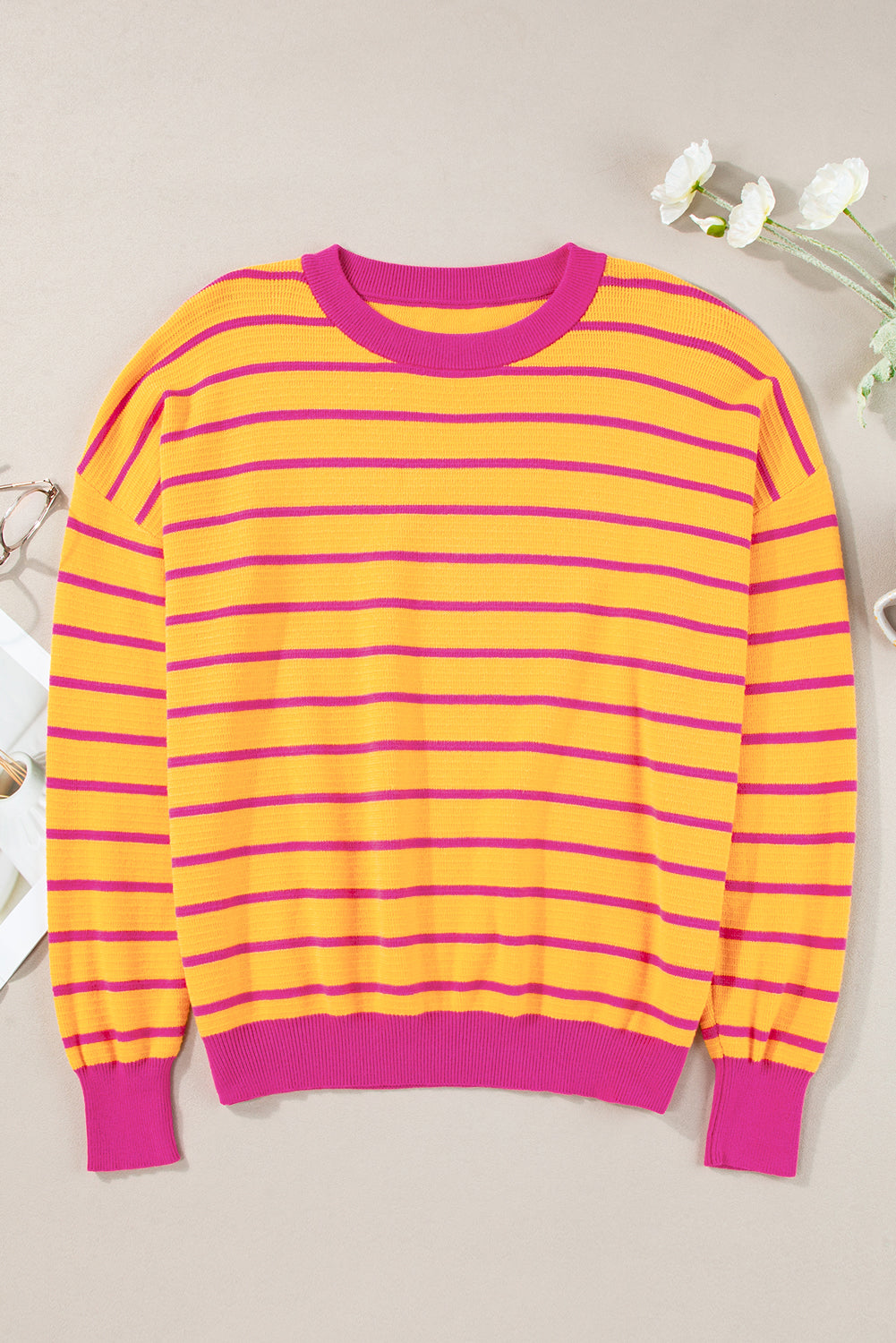 Orange Stripe Round Neck Drop Shoulder Loose Sweater