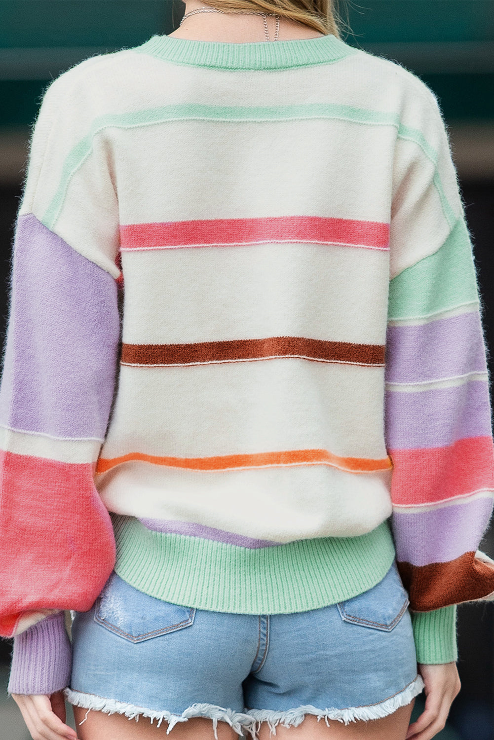 Multicolor Striped Print Drop Shoulder Pullover Crew Neck Sweater