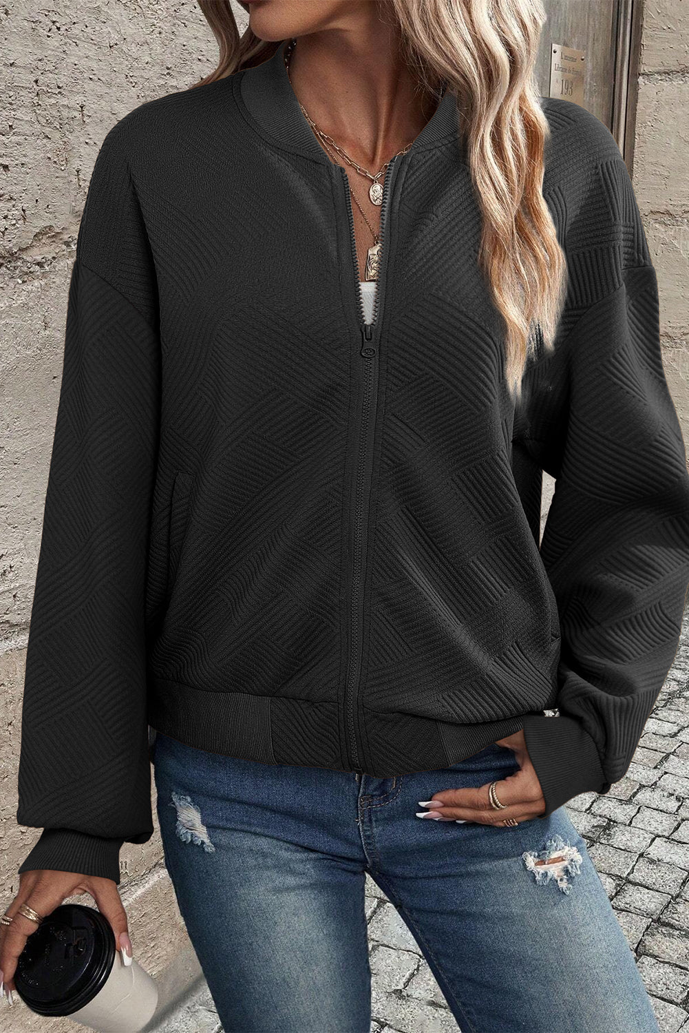 Black Plain Textured Stand Neck Zipper Bomber Jacket