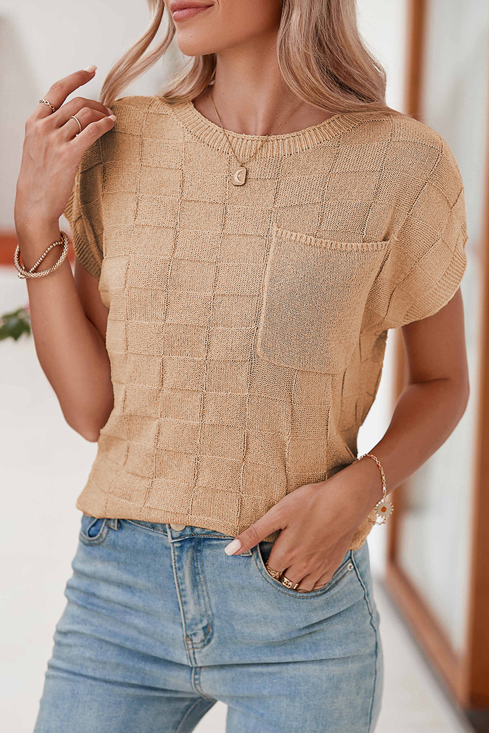 Gray Lattice Textured Knit Chest Pocket Loose Blouse