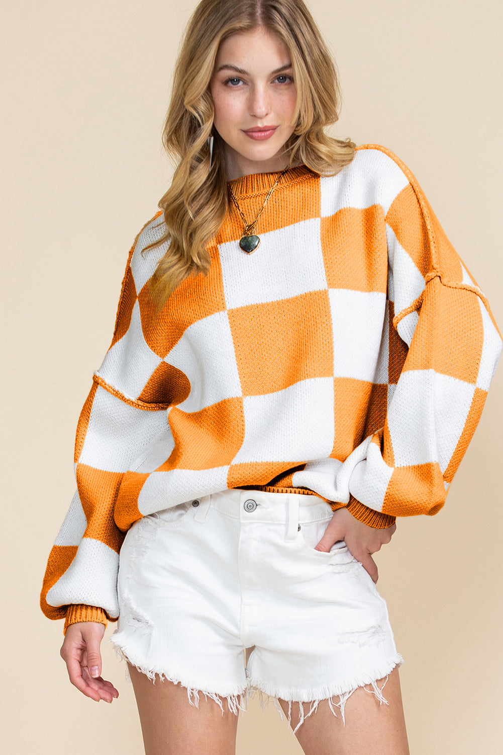 Orange & White Plaid Exposed Seam Bishop Sleeve Sweater