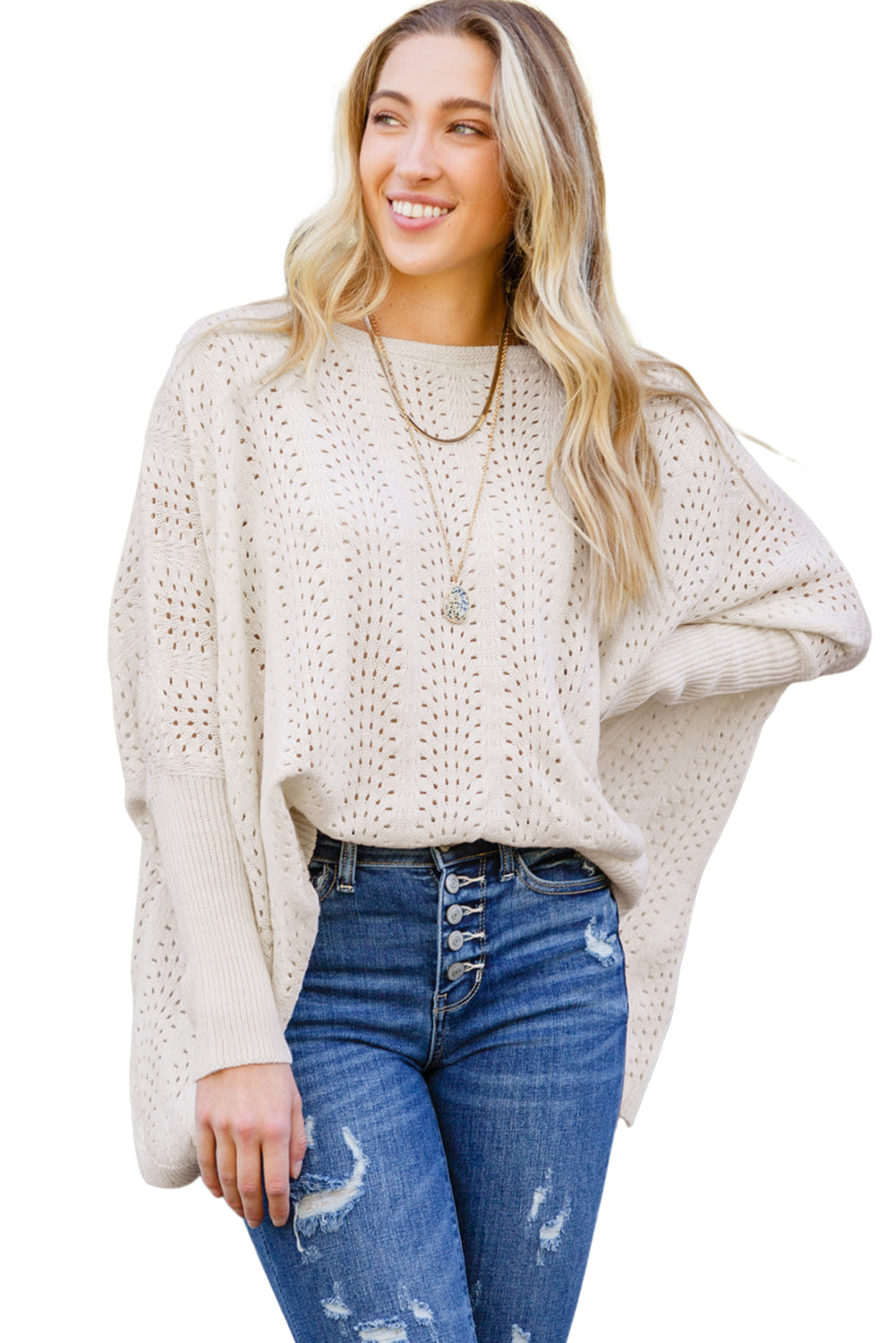 Beige Eyelet Batwing Sleeve Knit Sweater