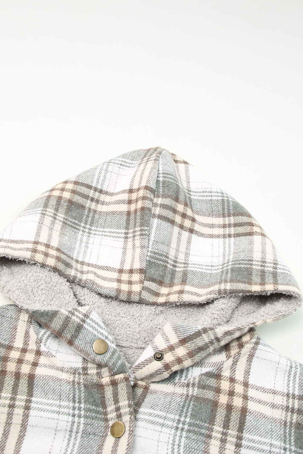 Gray Snap Button Sherpa Lined Hooded Flannel Jacket