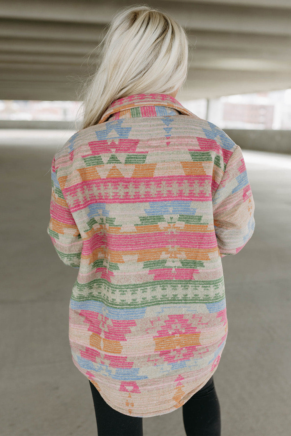 Dark Blue Geometric Print Flap Pockets Button Up Jacket