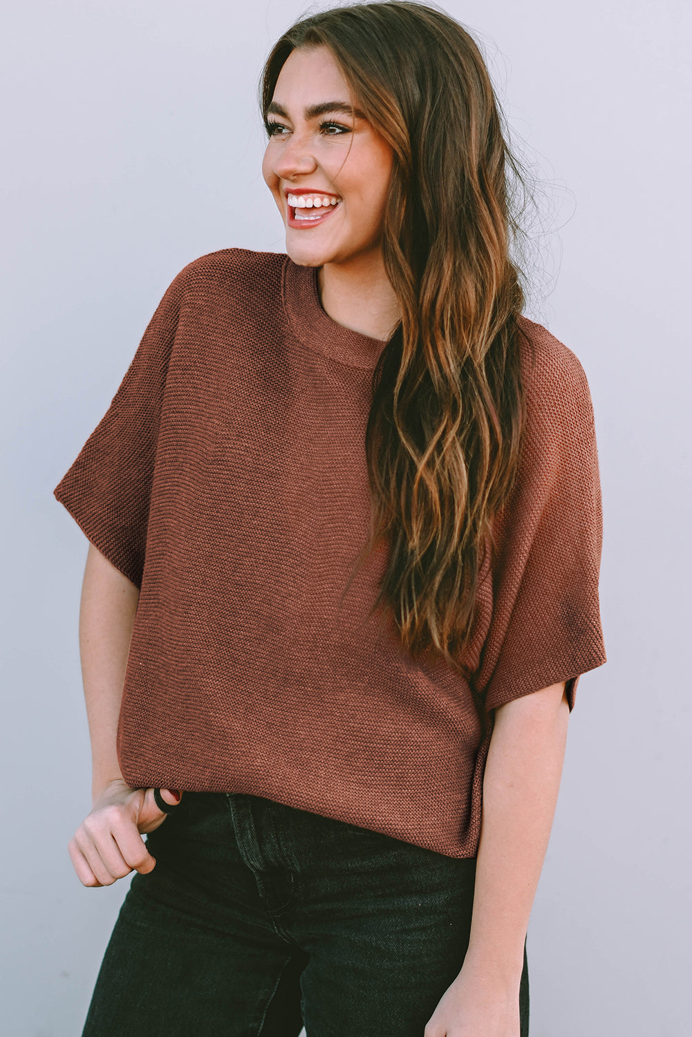 Apricot Mock Neck Short Batwing Sleeve Sweater