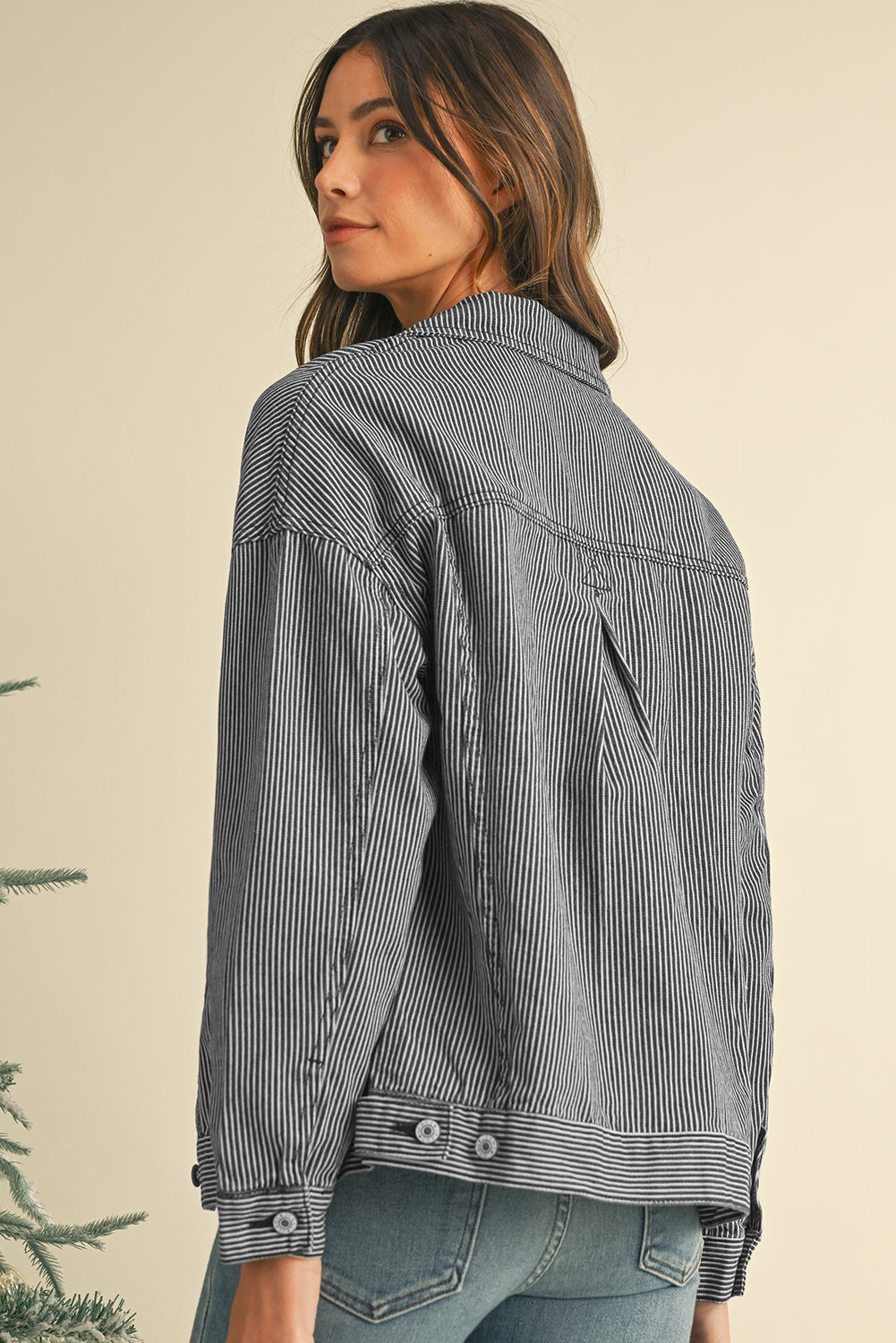 Blue Stripe Washed Oversized Pocketed Denim Jacket