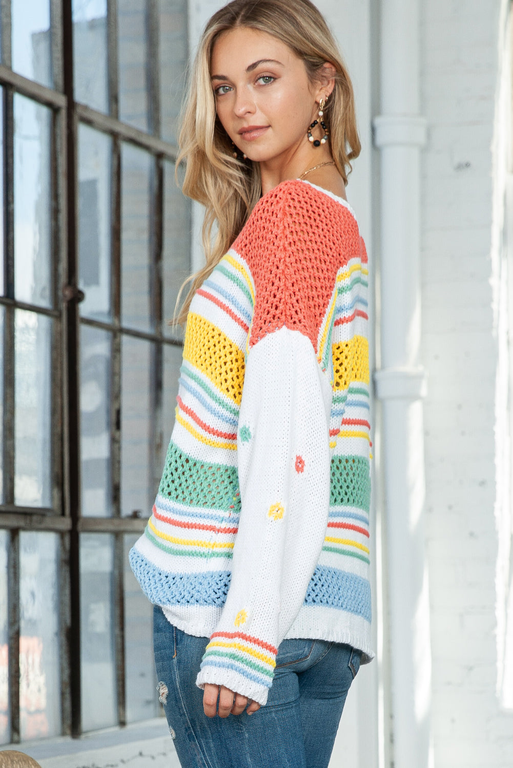 Multicolor Knitted Long Sleeve Pullover Crew Neck Sweater