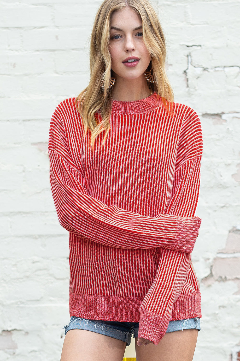 Black Stripe Ribbed Drop Shoulder Sweater