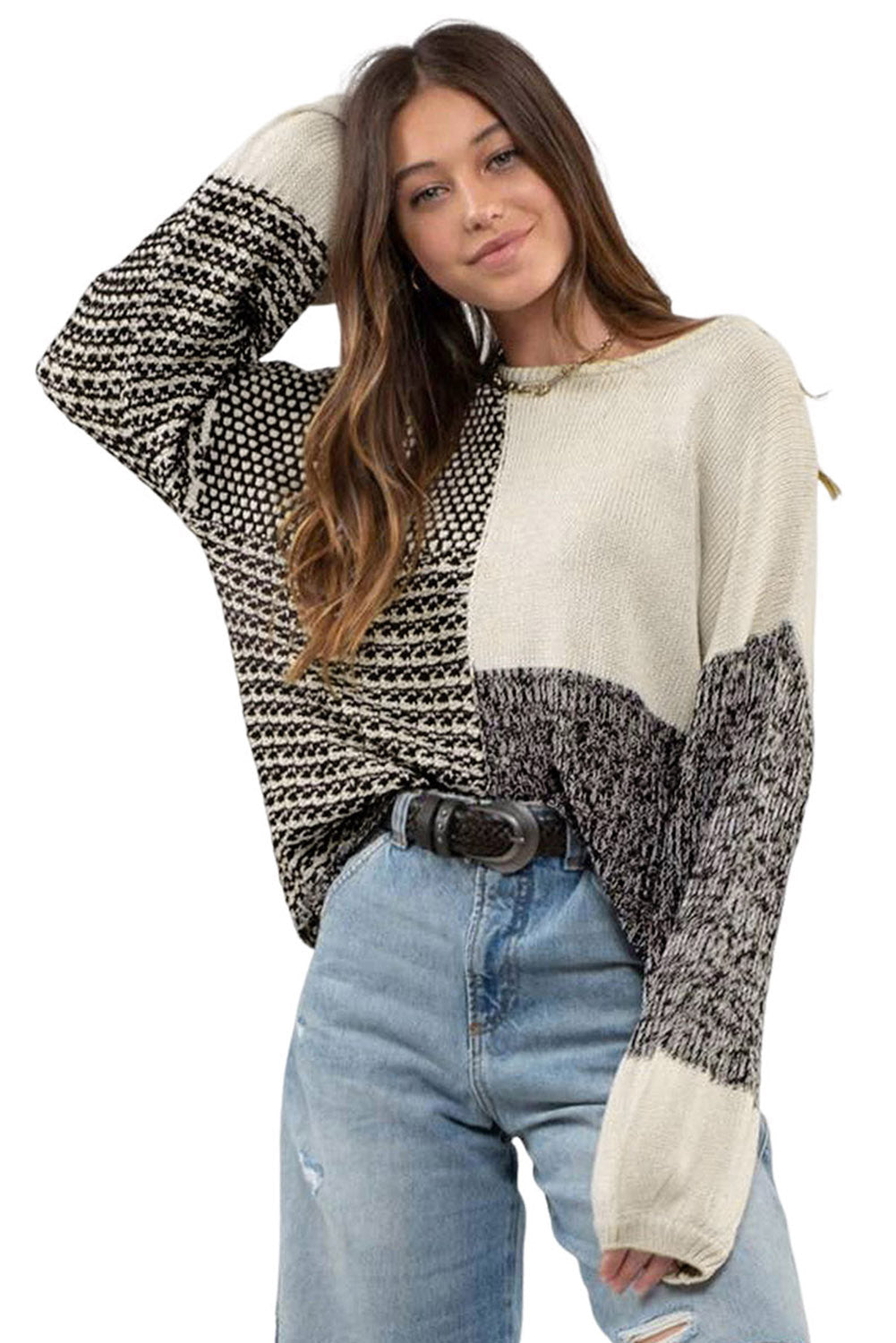 Black Patchwork Tie Back Drop Shoulder Knit Sweater