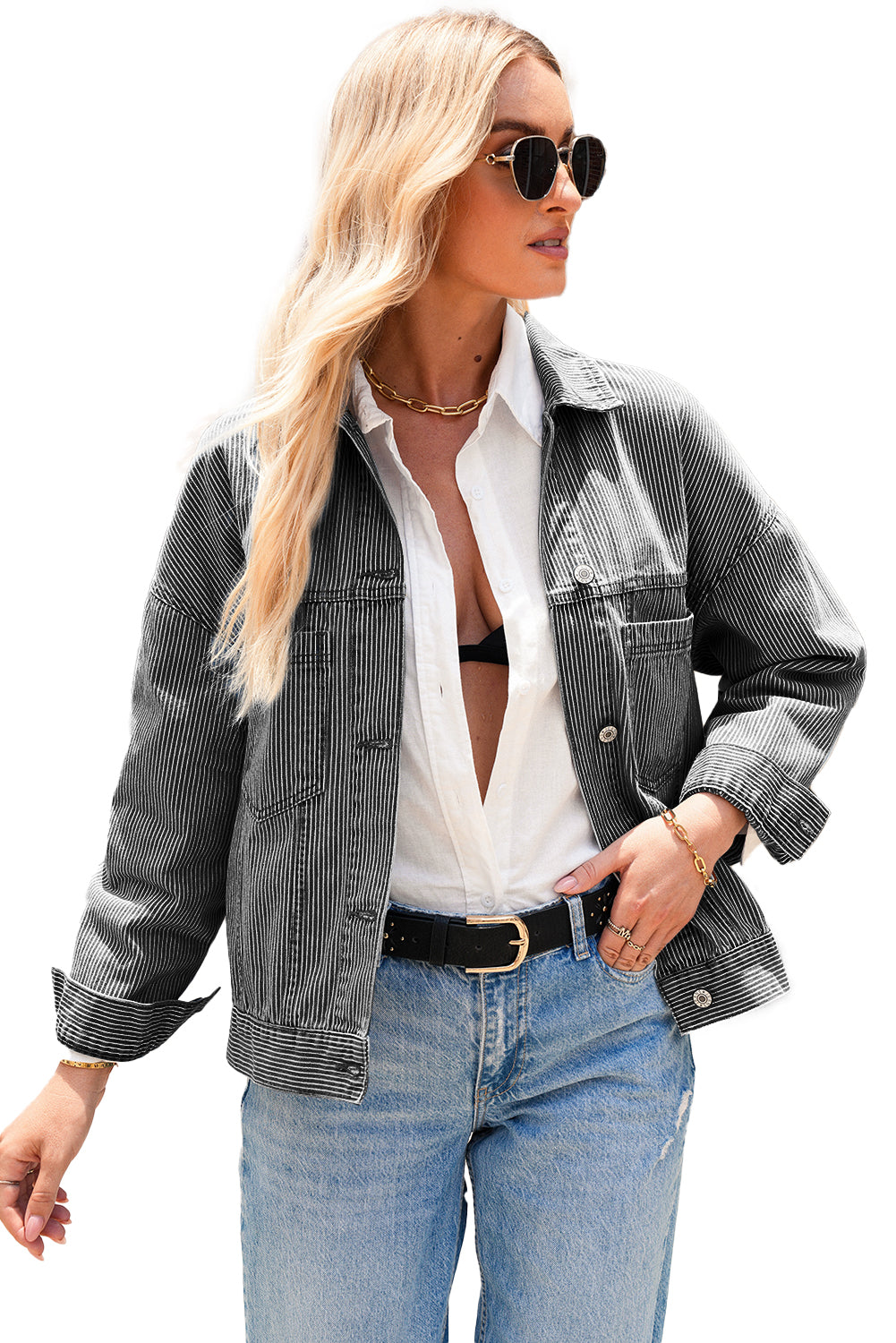 Blue Stripe Washed Oversized Pocketed Denim Jacket