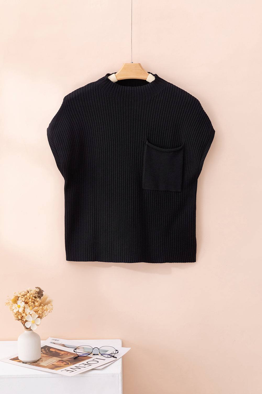 Gold Flame Patch Pocket Ribbed Knit Short Sleeve Sweater