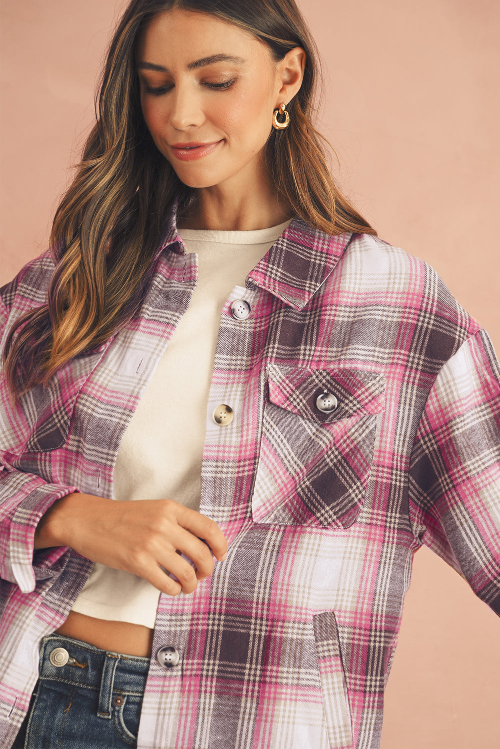 Pink Plaid Flap Pocket Button Up Shacket