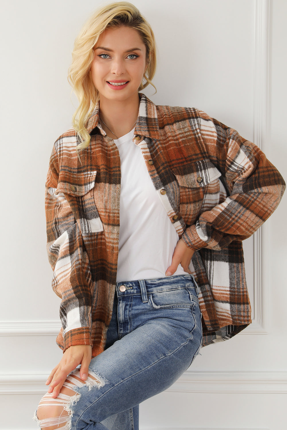 Gold Flame & Grey Plaid Button Up Collared Flannel Shacket