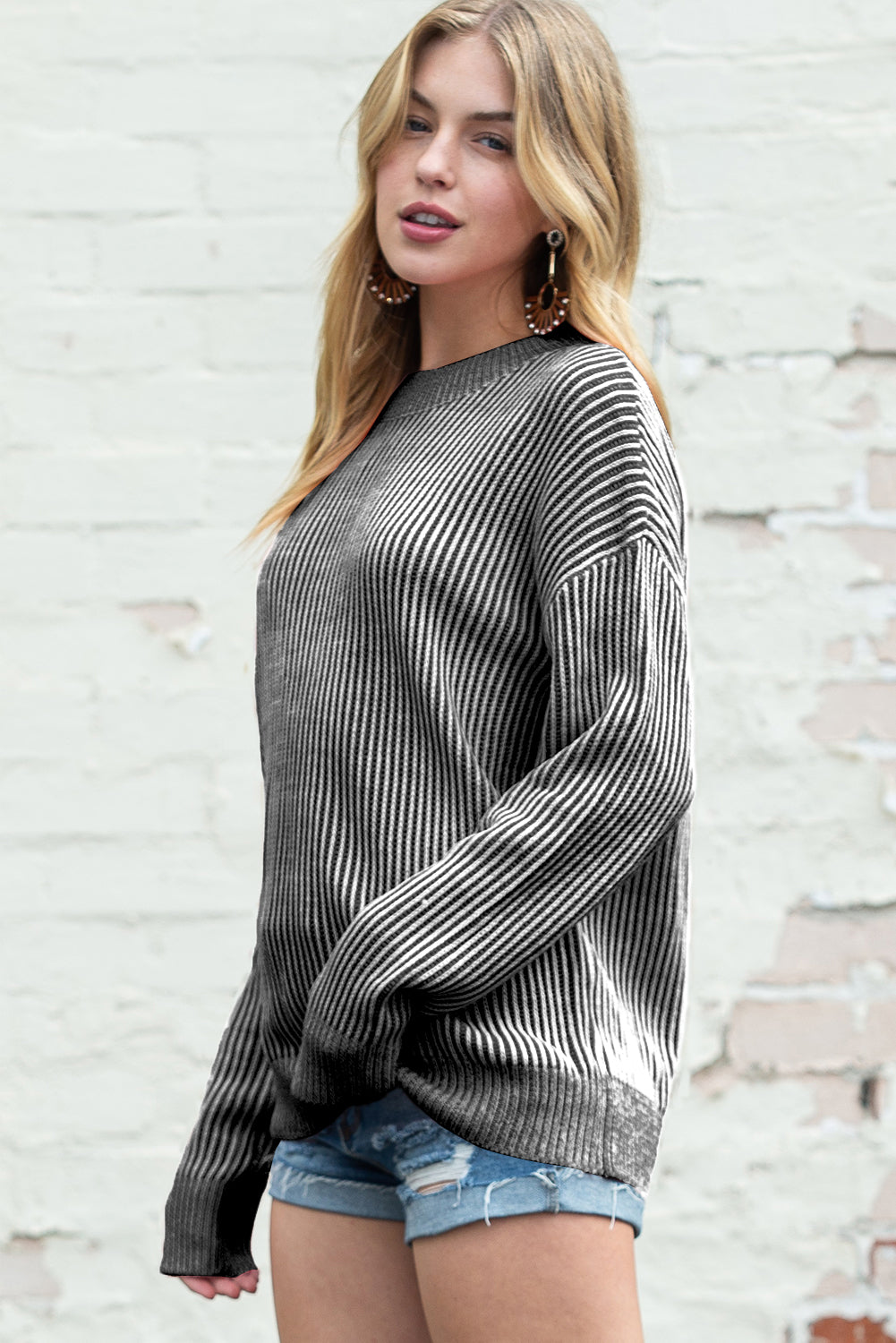 Black Stripe Ribbed Drop Shoulder Sweater