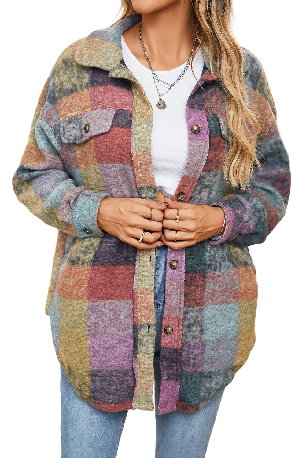 Multicolor Brushed Plaid Pocketed Oversize Shacket