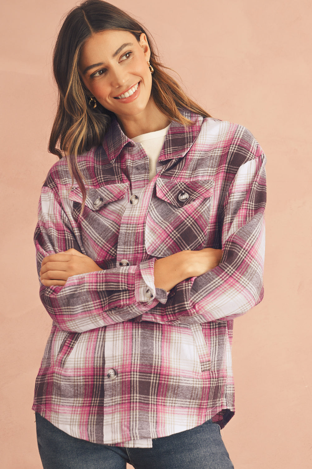 Pink Plaid Flap Pocket Button Up Shacket