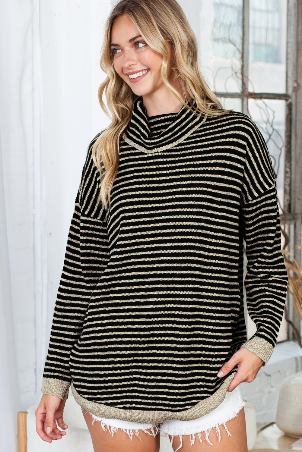 Black Striped Turtleneck Long Sleeve Sweater