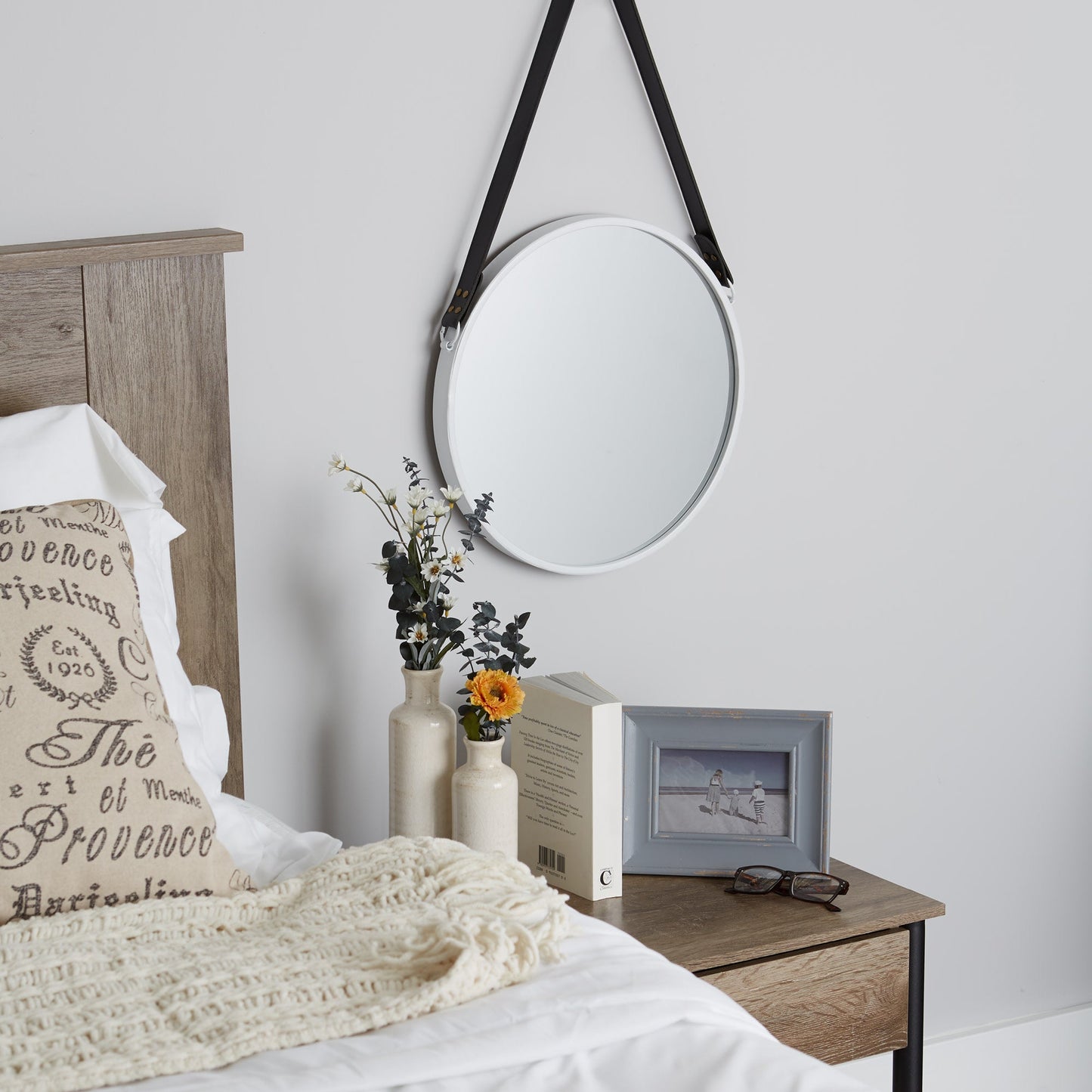 Hanging White Mirror with Faux Leather Strap - Accent Plus